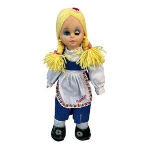 Vintage Swiss Miss Doll – Plush Legs, Yarn Hair, Embroidered Apron – 14” Tall